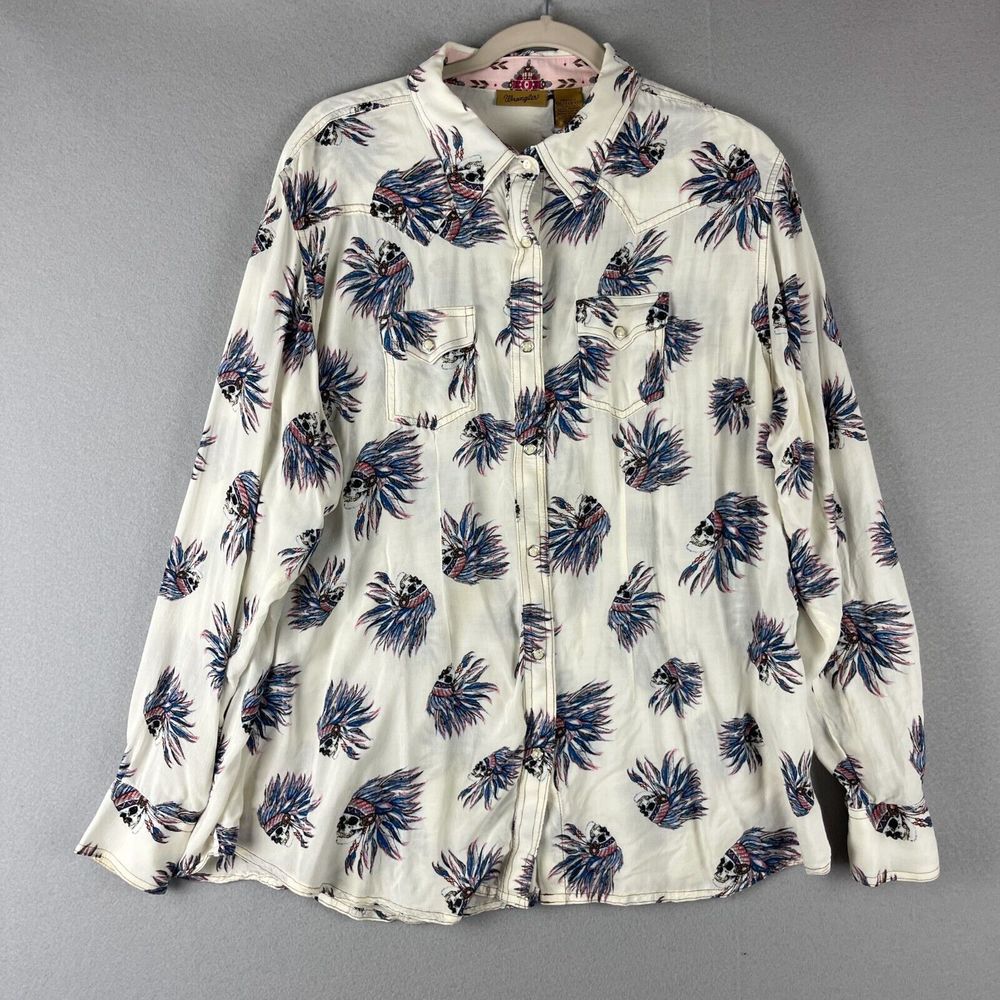 Wrangler Skull Western‎ Top Womens XXL 2XL Blouse Pearl Snap Rayon Navajo Tribal